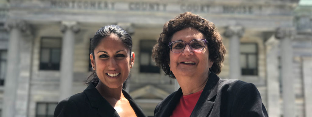 Close up of Sharon and Anita in front of the Montgomery County Court House